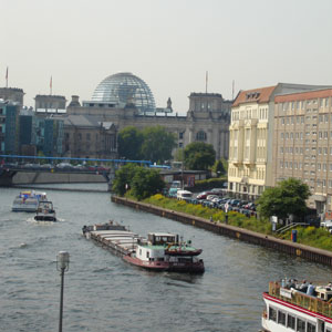 View of the Spree River with the Reichstag's dome in the background